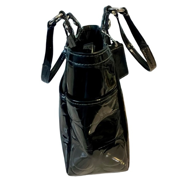 Coach Signature Embossed Black Patent Leather Tote Shoulder Bag Satchel F16564 - Picture 4 of 12